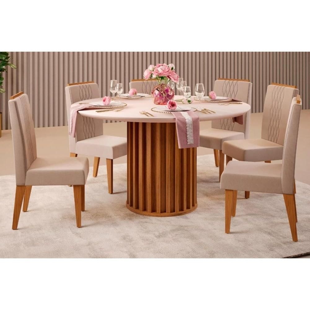 Conjunto: Mesa Sala Jantar Viena Tampo Madeirado c/ Vidro 136cm e 6 Cadeiras Lia Freijo/Off White - Suede Kraft - DJ Móveis
