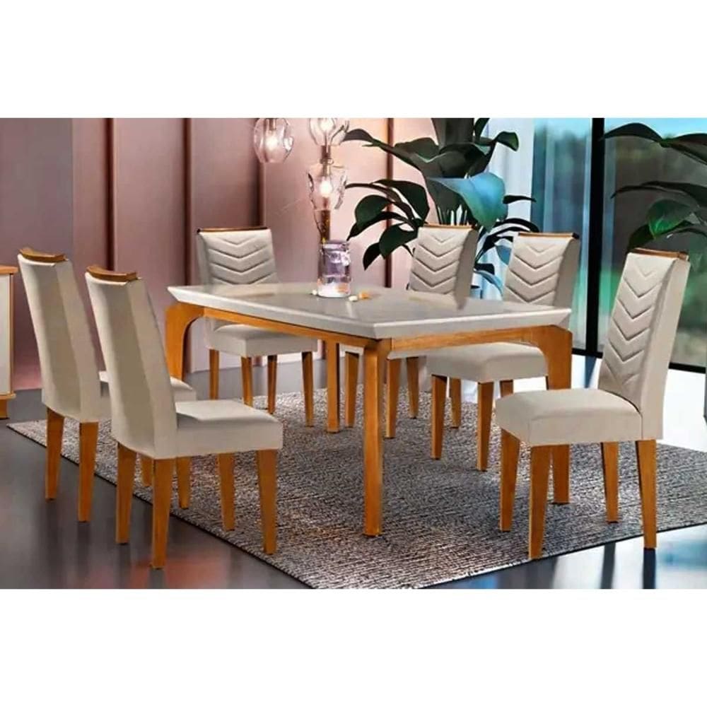 Conjunto: Mesa Sala Jantar Londrina c/ Tampo Madeirado c/ Vidro Canto Curvo 180x90cm e 6 cadeiras Londrina Imbuia/Off White - Suede Creme - Rufato
