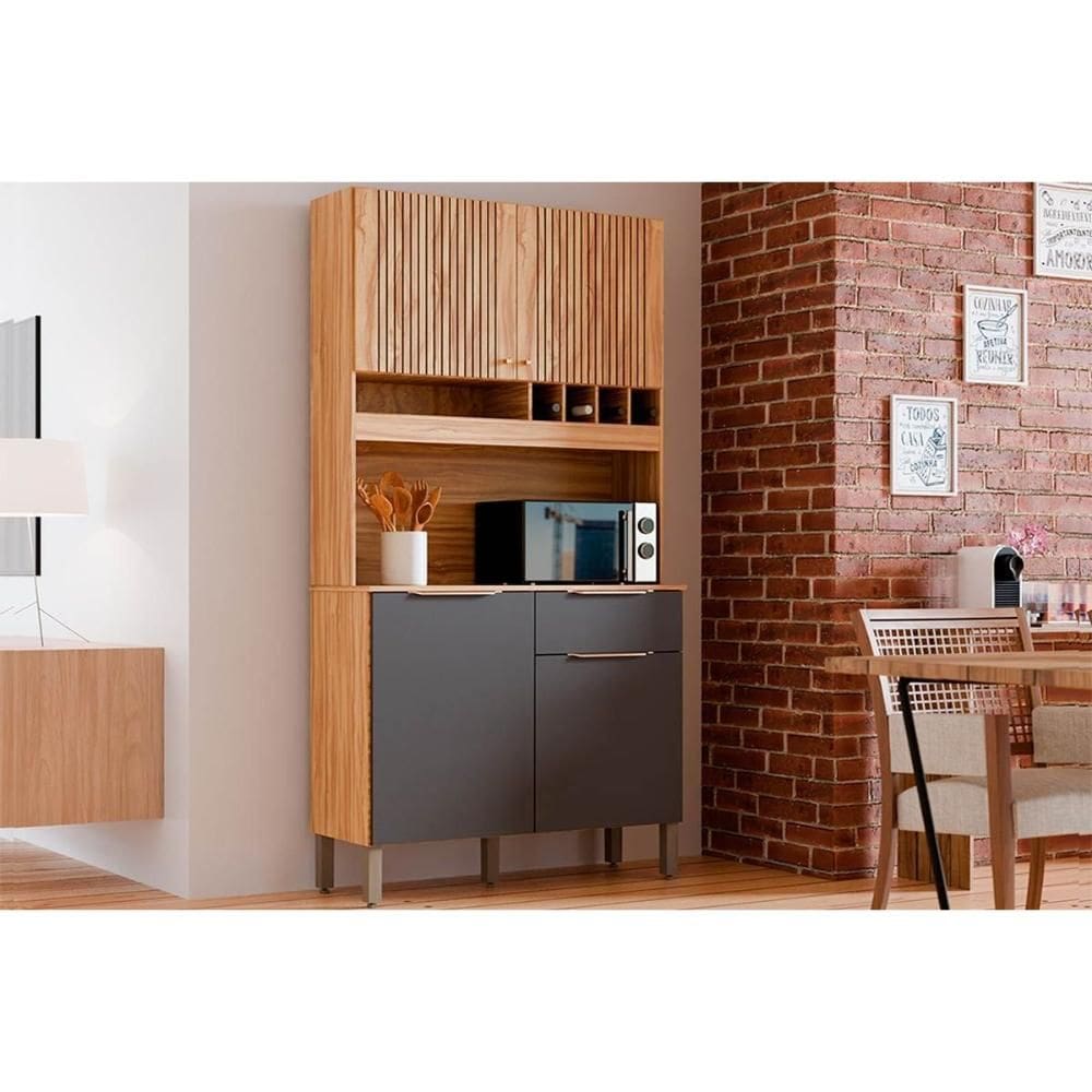 Cozinha Compacta Kit Moscato c/ 4 Portas e 1 Gaveta 197x101cm Amendoa/Grafite - Ronipa