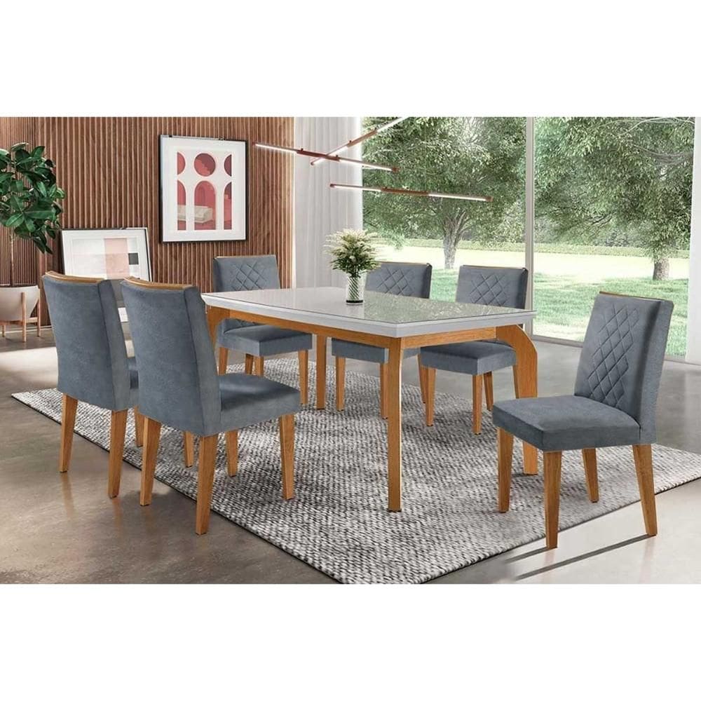 Conjunto: Mesa Sala Jantar Londrina c/ Tampo Madeirado c/ Vidro Canto Curvo 180x90cm e 6 cadeiras Jade Imbuia/Off White - Suede Grafite - Rufato