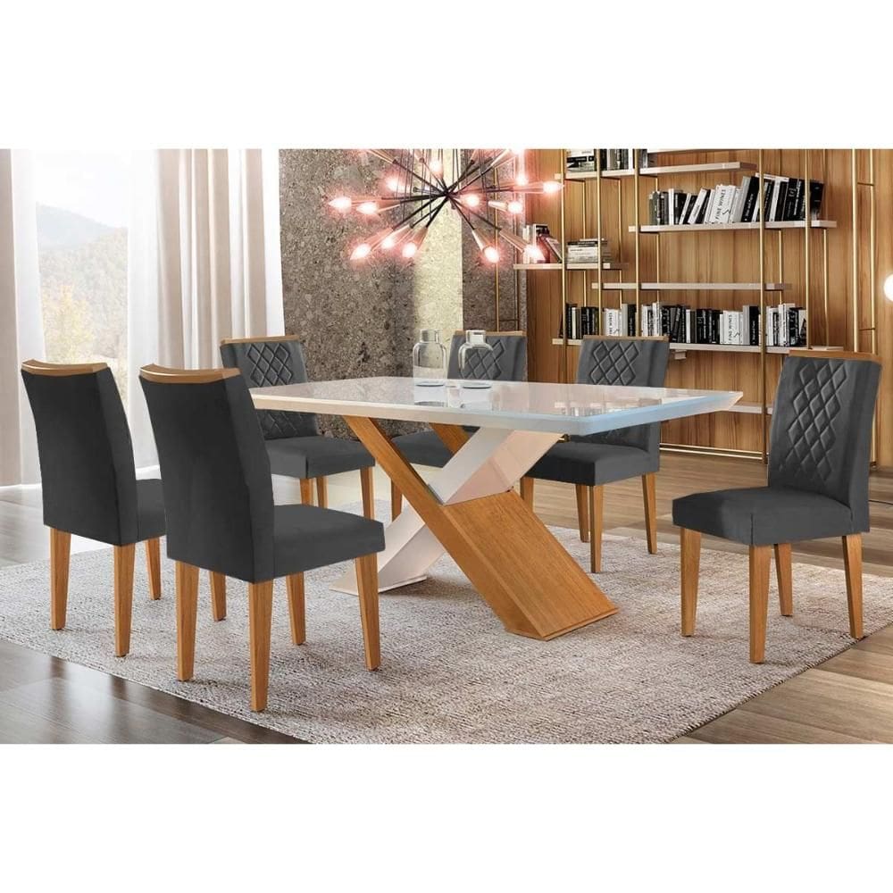 Conjunto: Mesa Sala Jantar Imperatriz Tampo Madeirado c/ Vidro Canto Curvo 180x90 e 6 Cadeiras Jade Imbuia/Off White - Linho Grafite - Rufato