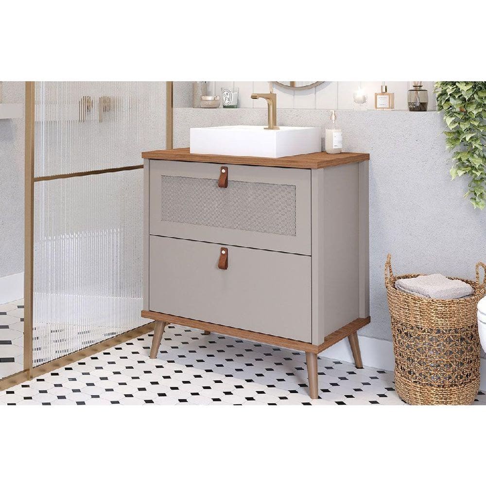 Balcão p/ Banheiro Vêneto 1 Porta e 1 Gaveta c/ Cuba 80cm Cappuccino/Freijo - MGM
