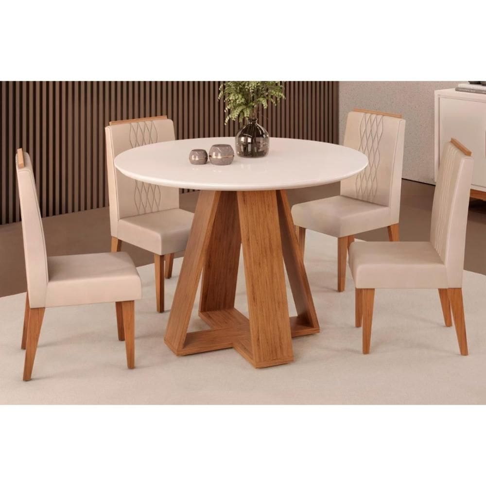 Cozinha Completa Celeste Tampo Madeirado c/ Vidro Redondo 103x103cm e 4 Cadeiras Lia Freijo/Off White - Suede Kraft - DJ Móveis