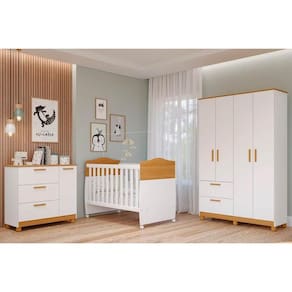 Quarto de Bebê Completo Jujuba 3 Peças (Guarda Roupa+Cômoda+Berço) Nature/Branco - Permóbili Baby