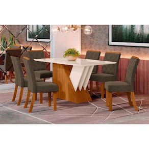Conjunto: Mesa Sala Jantar Épic SC24 Tampo Madeirado c/ Vidro Canto Curvo 160x90cm e 6 Cadeiras Vita Nature/Suede Light Bege - Henn