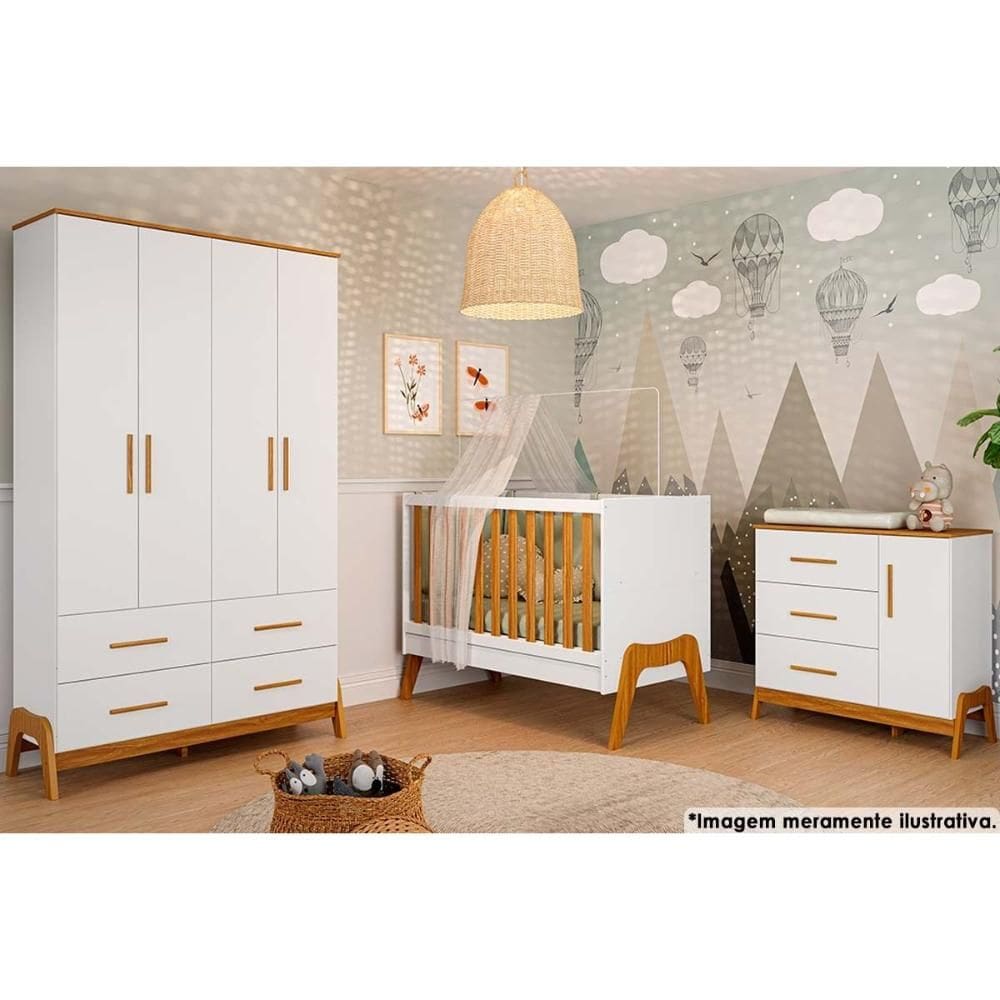 Quarto Infantil Completo Guti Peças (1 Guarda Roupa + 1 Berço + 1 Cômoda) Branco/Amendoa - Peroba