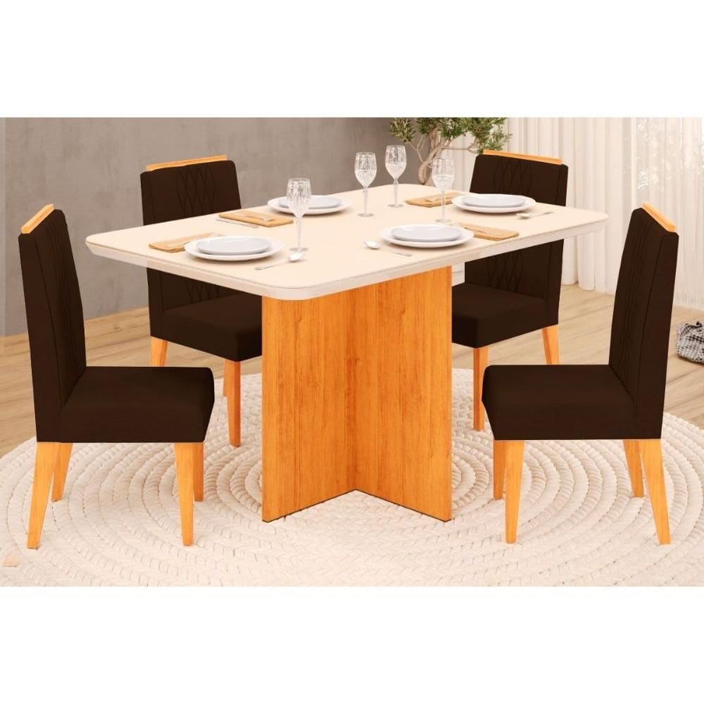 Conjunto: Mesa Sala Jantar Hera Tampo Madeirado c/ Vidro Reto 120x90cm e 4 Cadeiras Lia Cedro/Off White - Suede Moca - DJ Móveis