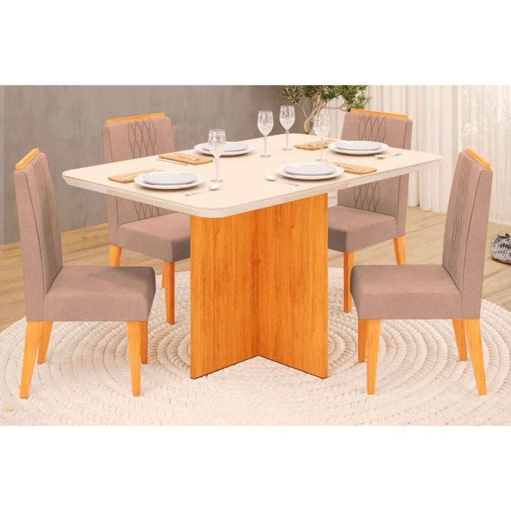 Conjunto: Mesa Sala Jantar Hera Tampo Madeirado c/ Vidro Reto 120x90cm e 4 Cadeiras Lia Cedro/Off White - Suede Kraft - DJ Móveis