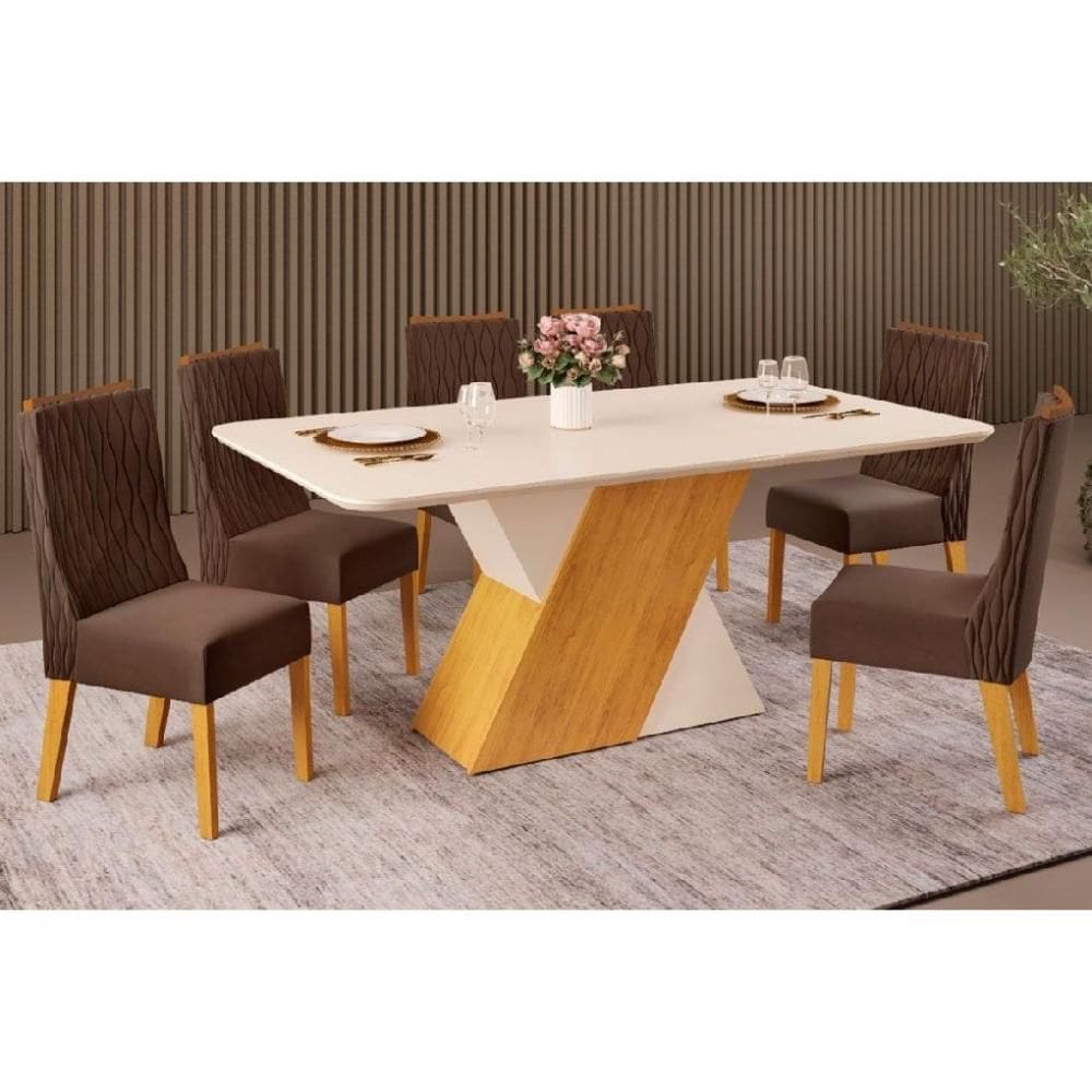 Conjunto: Mesa Sala Jantar Rubi Tampo Madeirado c/ Vidro Curvo 170x90cm e 6 Cadeiras Jade Cedro/Off White/Off White - Suede Moca - DJ Móveis