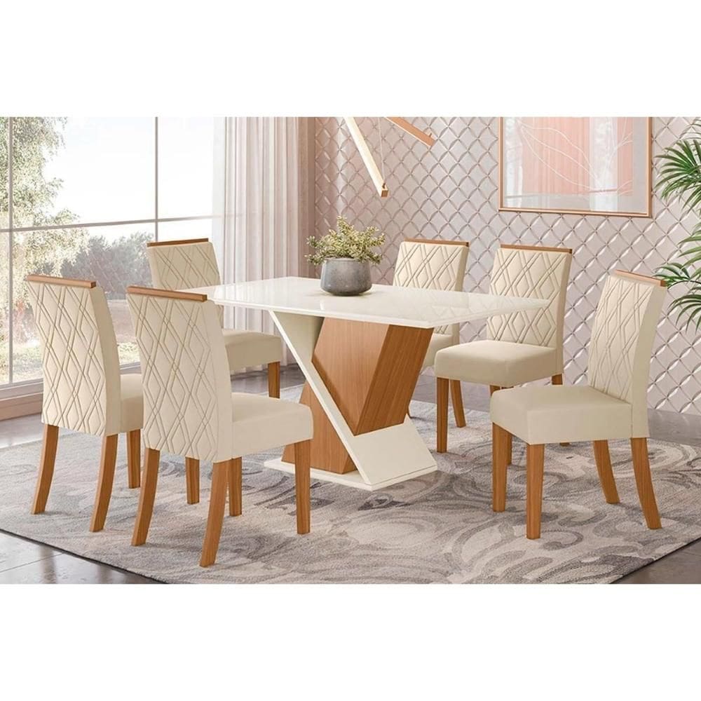 Conjunto: Mesa Sala Jantar Solus Tampo Madeirado c/ Vidro Canto Reto 160x90cm e 6 Cadeiras Vita Nature/Linho - Henn