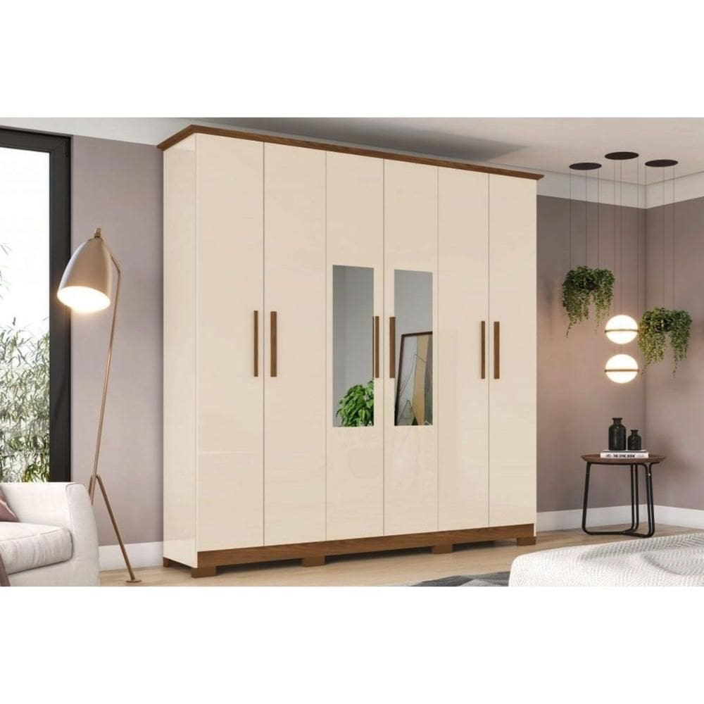 Guarda Roupa 6 Portas (2 c/ Espelho) e 3 Gavetas c/ Pés Cover Off White/Nature - Henn