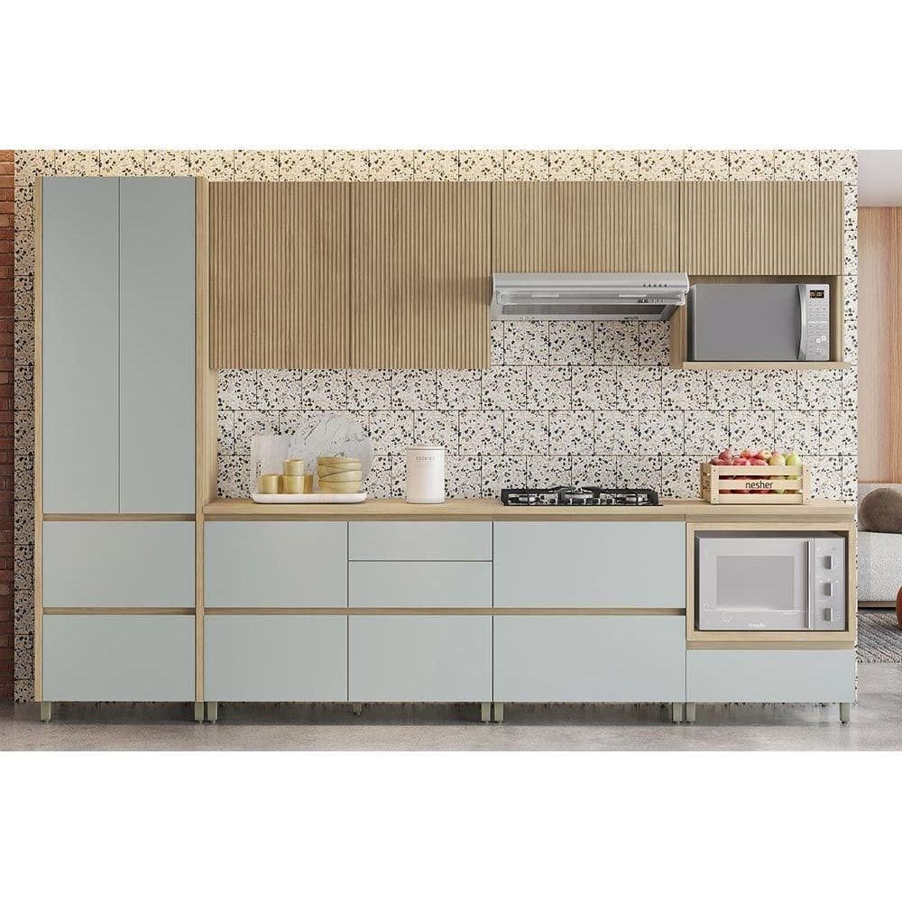Cozinha Modulada Completa Rainha Gourmet 7 Peças (3Aéreos+3Balcões+1Paneleiro) C6P38 Nature/Verde - Nesher