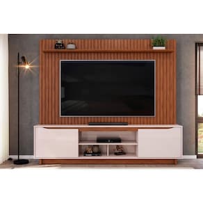 Rack Bancada c/ Painel p/ TV até 70 Polegadas Enzo Prateleira Nichos e Pés 200x188cm Freijó/Off White - DJ Móveis