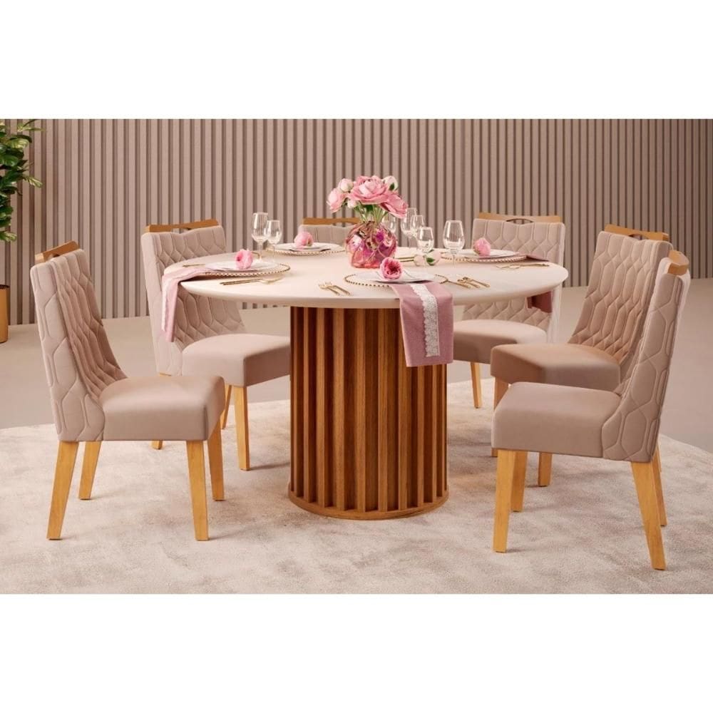 Cozinha Completa Viena Tampo Madeirado c/ Vidro 136cm e 6 Cadeiras Bia Freijo/Off White - Suede Kraft - DJ Móveis