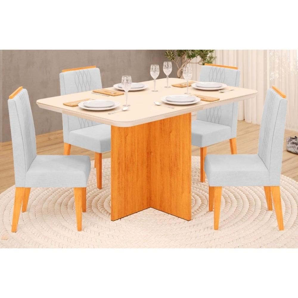 Conjunto: Mesa Sala Jantar Hera Tampo Madeirado c/ Vidro Reto 120x90cm e 4 Cadeiras Lia Cedro/Off White - Linho Neve - DJ Móveis