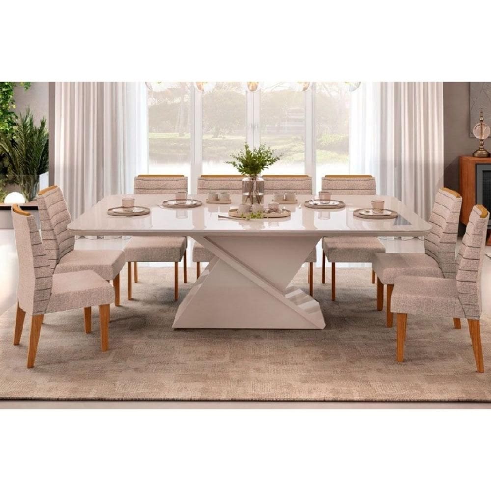 Conjunto: Mesa Sala Jantar Zafira Tampo Madeirado c/ Vidro Curvo 200x100cm e 8 Cadeiras Ondina Off White - Freijo/Suede Kraft - DJ Móveis