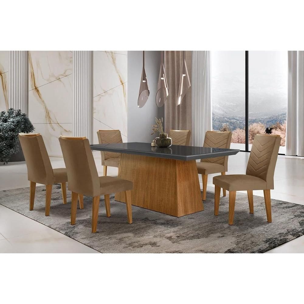 Conjunto: Mesa Sala Jantar Luna c/ Tampo de Vidro Canto Curvo 180x90cm e 6 cadeiras Londrina Imbuia/Grafite - Suede Capuccino - Rufato