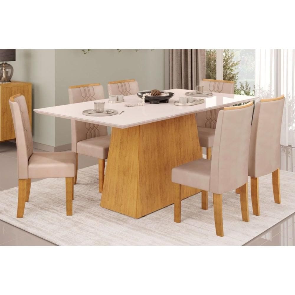Mesa p/ Cozinha Dulce Tampo Madeirado c/ Vidro Reto 180x90cm e 6 Cadeiras Zoe Cedro/Off White - Suede Creme - DJ Móveis