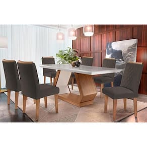 Conjunto: Mesa Sala Jantar Alvorada Tampo Madeirado c/ Vidro Canto Reto 180x90cm e 6 Cadeiras Jade Imbuia/Off White - Suede Grafite - Rufato