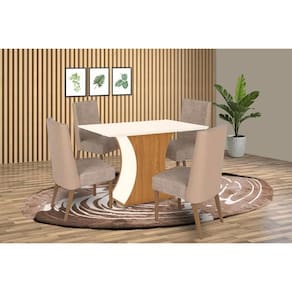 Conjunto: Mesa Sala Jantar Luiza SC42 Tampo Madeirado c/ Vidro Canto Curvo 120x80cm e 4 Cadeiras Anne Nature/Courano/Creme - Henn