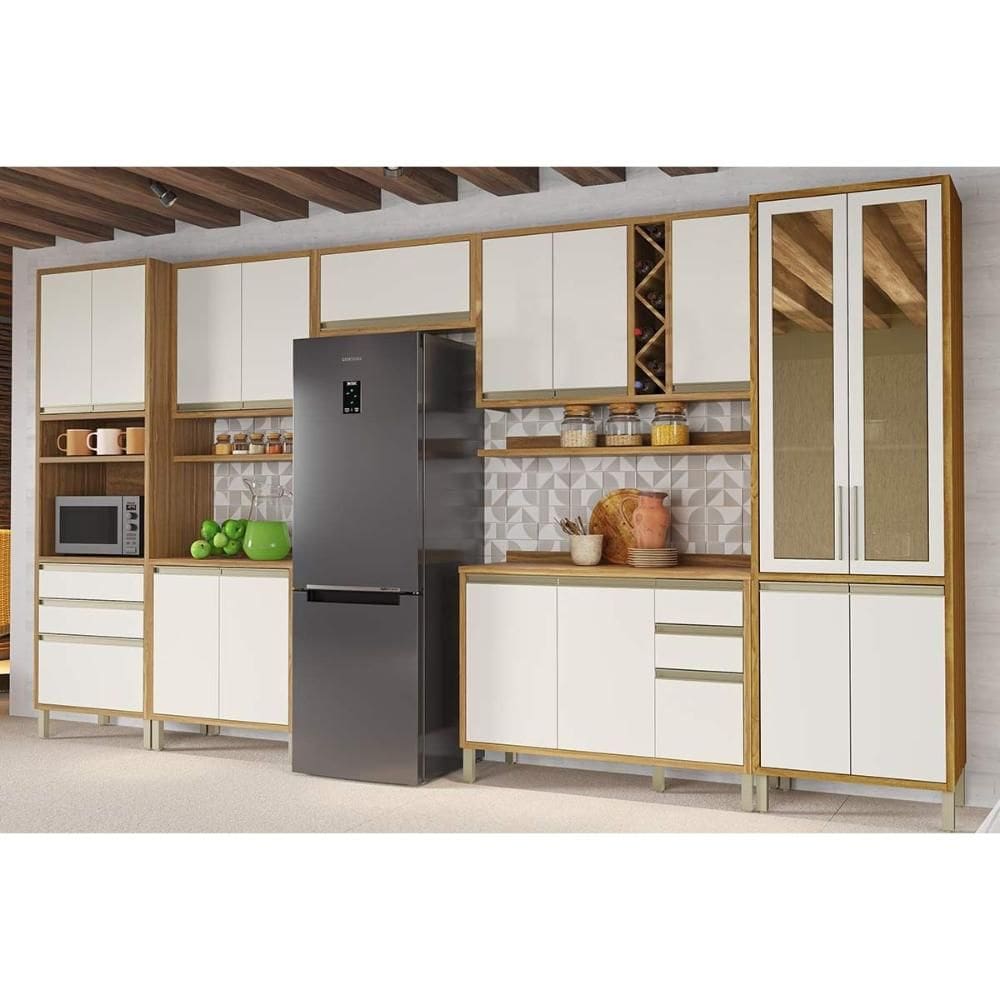Cozinha Modulada Completa Tempranillo 9 Peças (3Aéreos+2Balcões+1Paneleiro+1TorreQuente+2Complementos) C9P83 Amendoa/Off White - Ronipa
