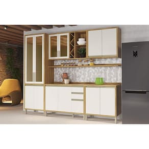 Cozinha Modulada Completa Tempranillo 7 Peças (2Aéreos+2Balcões+1Cristaleira+2Complementos) C7P77 Amendoa/Off White - Ronipa