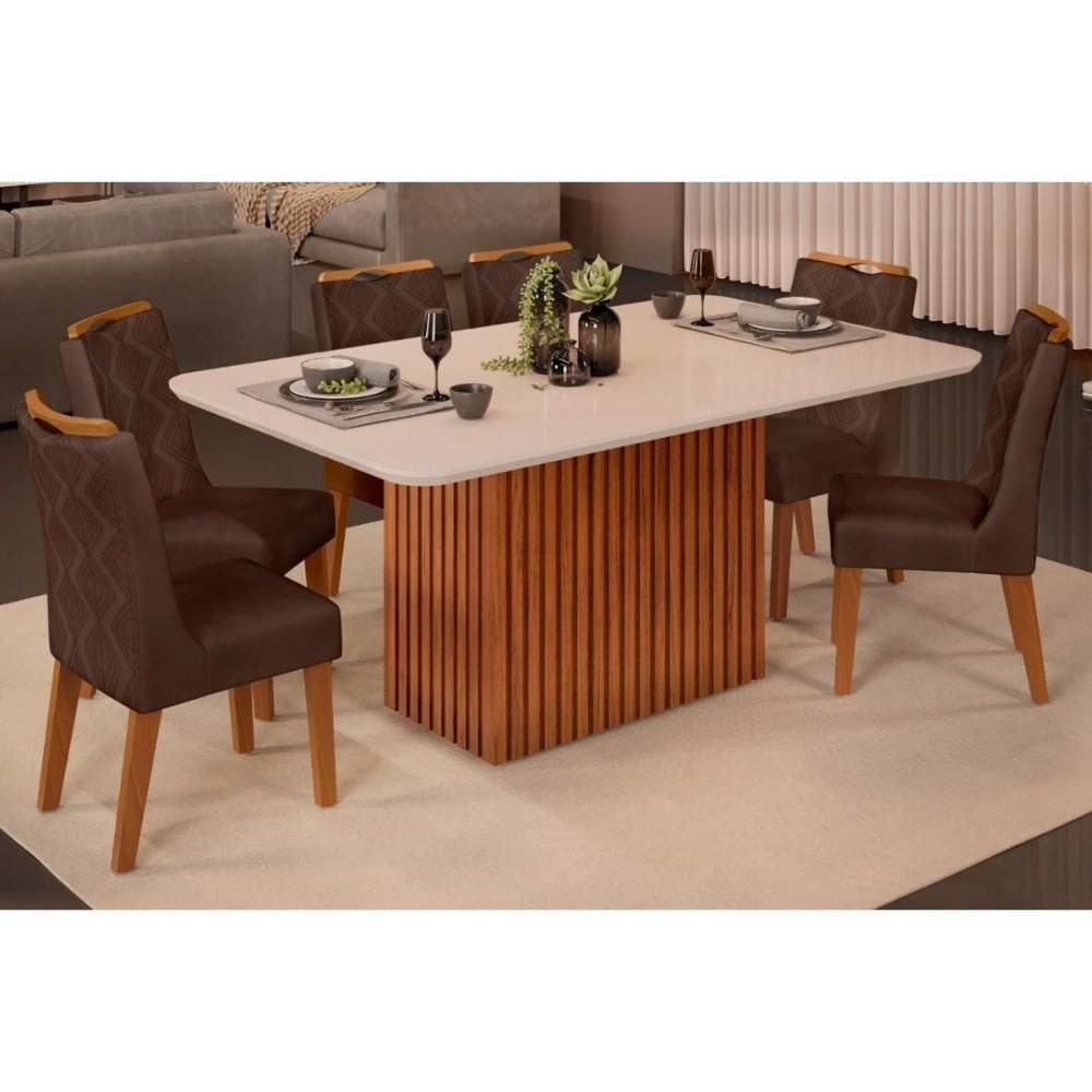 Cozinha Completa Canes Tampo Madeirado c/ Vidro Curvo 170x90cm e 6 Cadeiras Stela Freijo/Off White - Ipe/Suede Moca - DJ Móveis