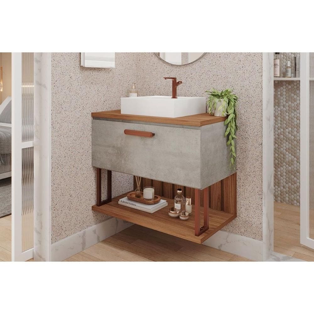 Balcão p/ Banheiro Duna 1 Porta c/ Cuba 80cm Cimento/Freijo - MGM