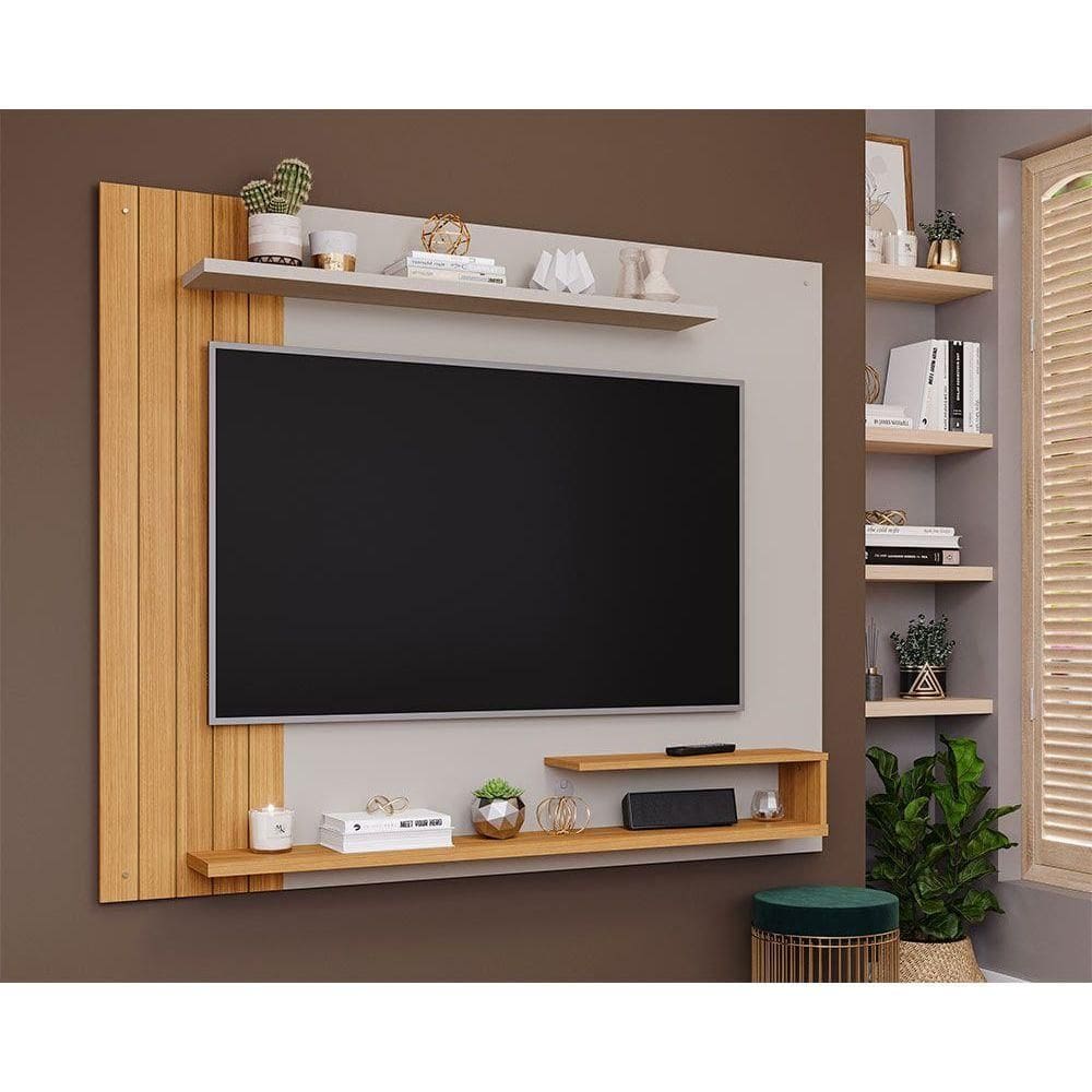 Painel Quarto p/ TV até 50 Pol Floripa c/ Prateleiras Ripado 161x135cm Off White/Nature - Permóbili