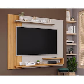 Painel Quarto p/ TV até 50 Pol Floripa c/ Prateleiras Ripado 161x135cm Off White/Nature - Permóbili
