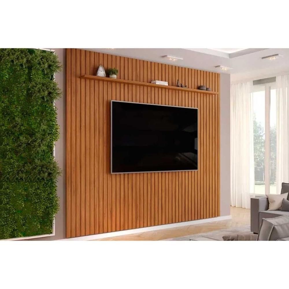 Rack Bancada c/ Painel p/ TV até 85 Pol Pratic Ripado 1 Prateleira 275x240cm Freijo - DJ Móveis