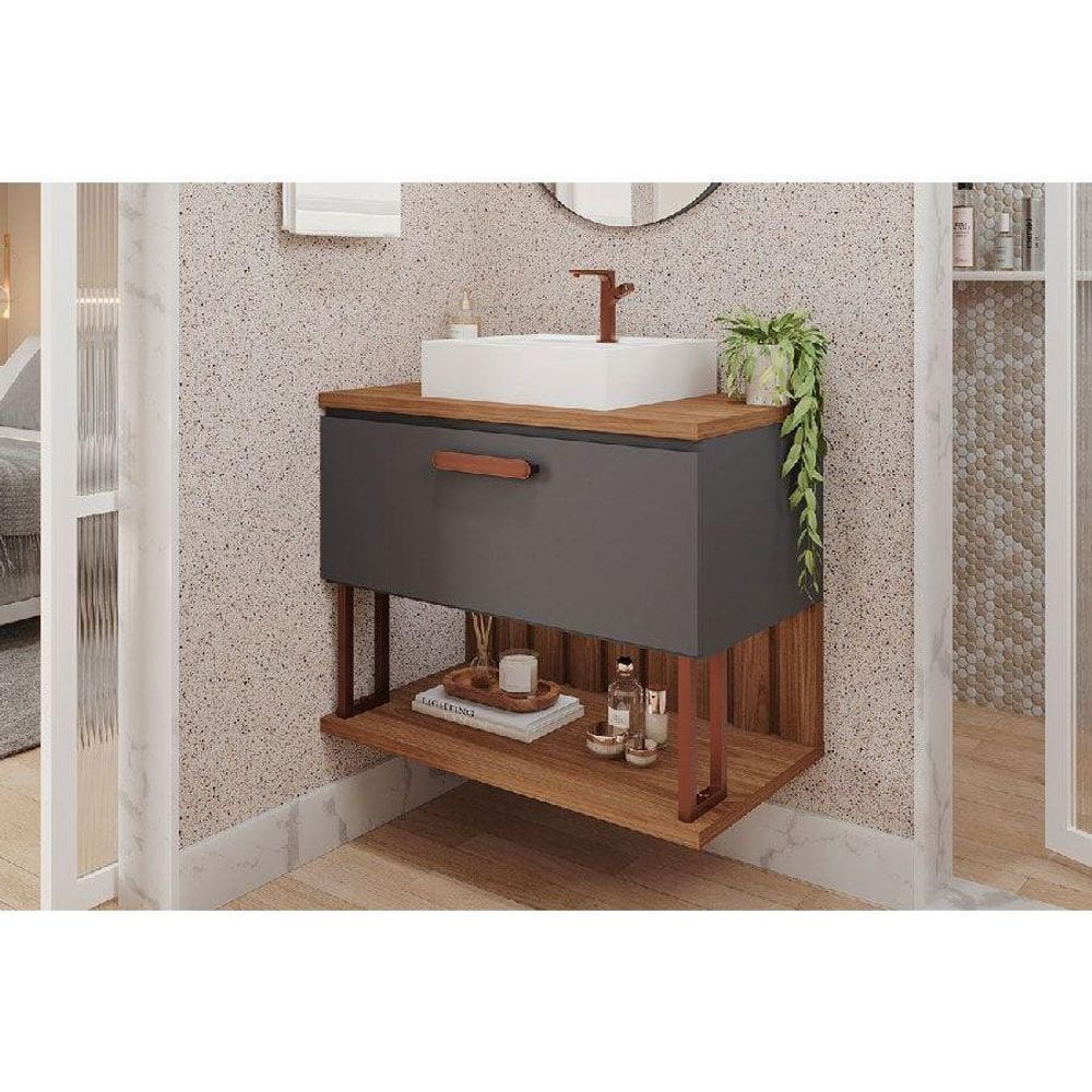 Balcão p/ Banheiro Duna 1 Porta c/ Cuba 80cm Titanium/Freijo - MGM