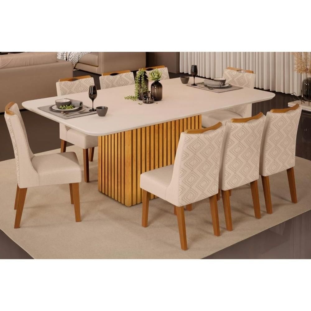 Cozinha Completa Canes Tampo Madeirado c/ Vidro Curvo 170x90cm e 8 Cadeiras Stela Cedro/Off White - Ipe/Linho Neve - DJ Móveis