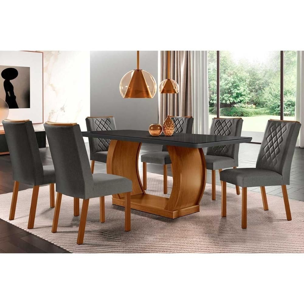 Conjunto: Mesa Sala Jantar Jade c/ Tampo Madeirado c/ Vidro Canto Curvo 180x90cm e 6 Cadeiras Jade Imbuia/Grafite - Linho Grafite - Rufato