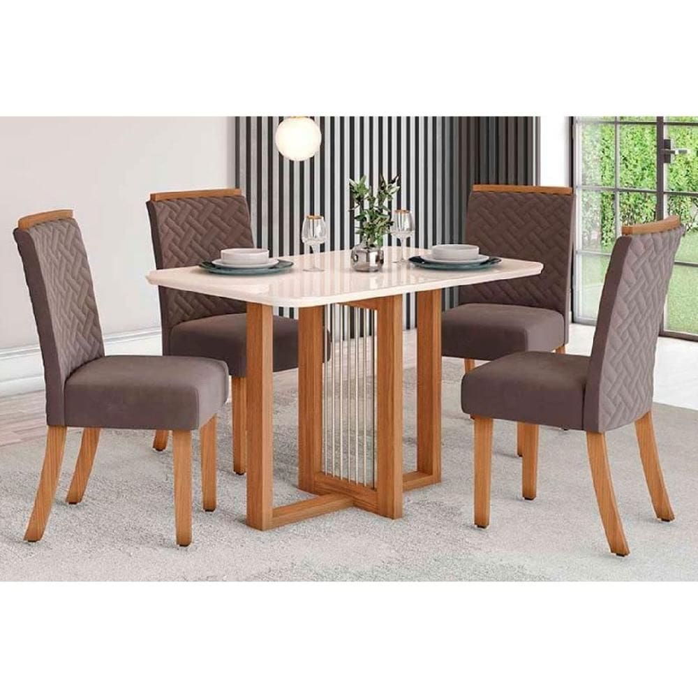 Conjunto: Mesa Sala Jantar Natalí c/ Tampo Madeirado c/ Vidro Curvo 120x80cm e 4 Cadeiras Malu Nature/Suede Light Marrom Amendoa - Henn