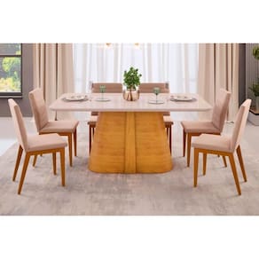 Cozinha Completa Ryze Tampo Madeirado c/ Vidro Curvo 180x100cm e 6 Cadeiras Sofia Cedro/Off White - Ipe/Suede Creme - DJ Móveis