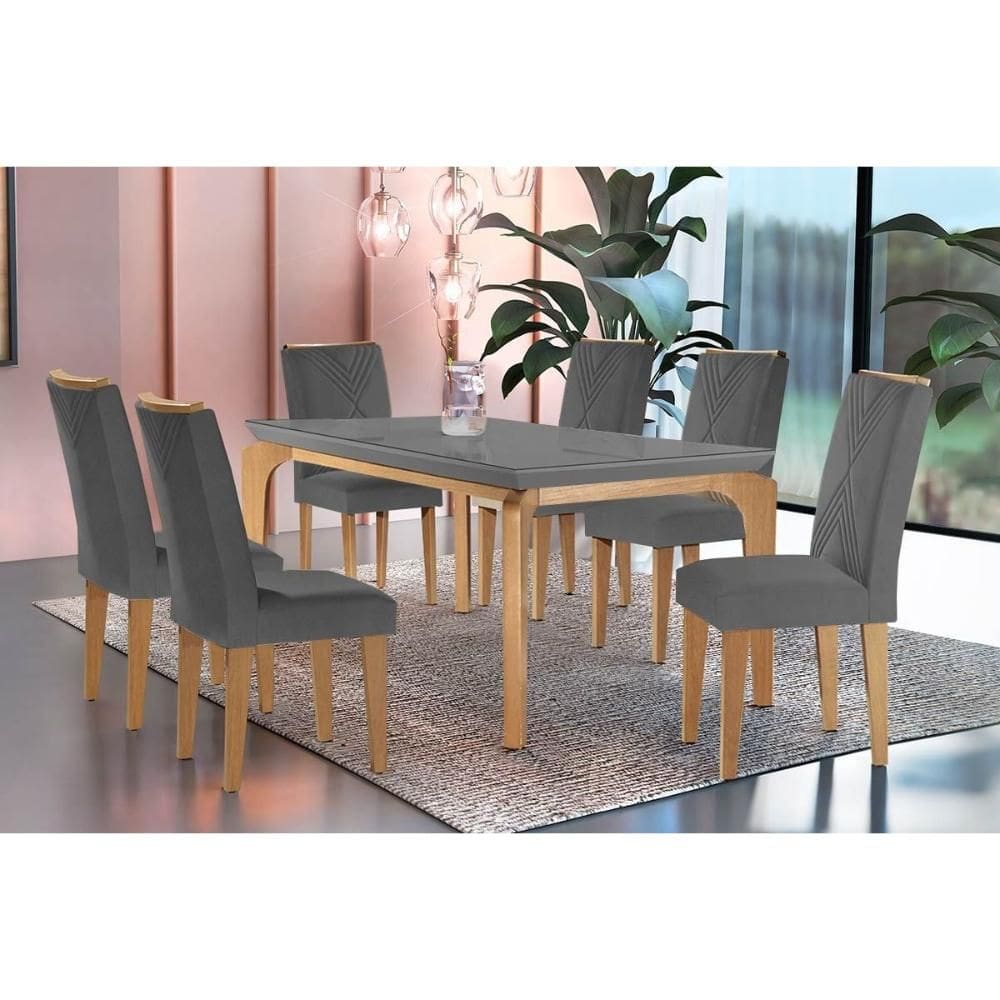 Conjunto: Mesa Sala Jantar Londrina c/ Tampo Madeirado c/ Vidro Canto Curvo 180x90cm e 6 cadeiras Amsterdã Imbuia/Grafite - Linho Grafite - Rufato