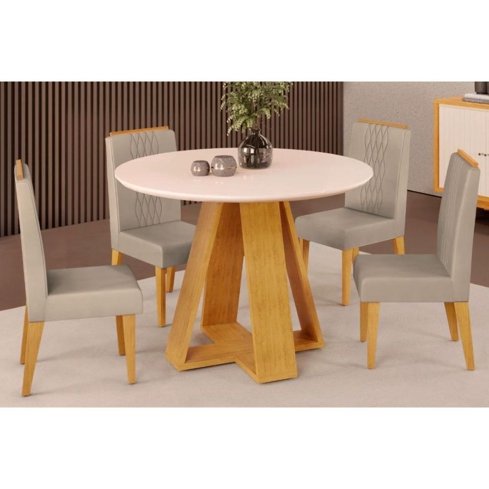 Cozinha Completa Celeste Tampo Madeirado c/ Vidro Redondo 103x103cm e 4 Cadeiras Lia Cedro/Off White - Suede Kraft - DJ Móveis