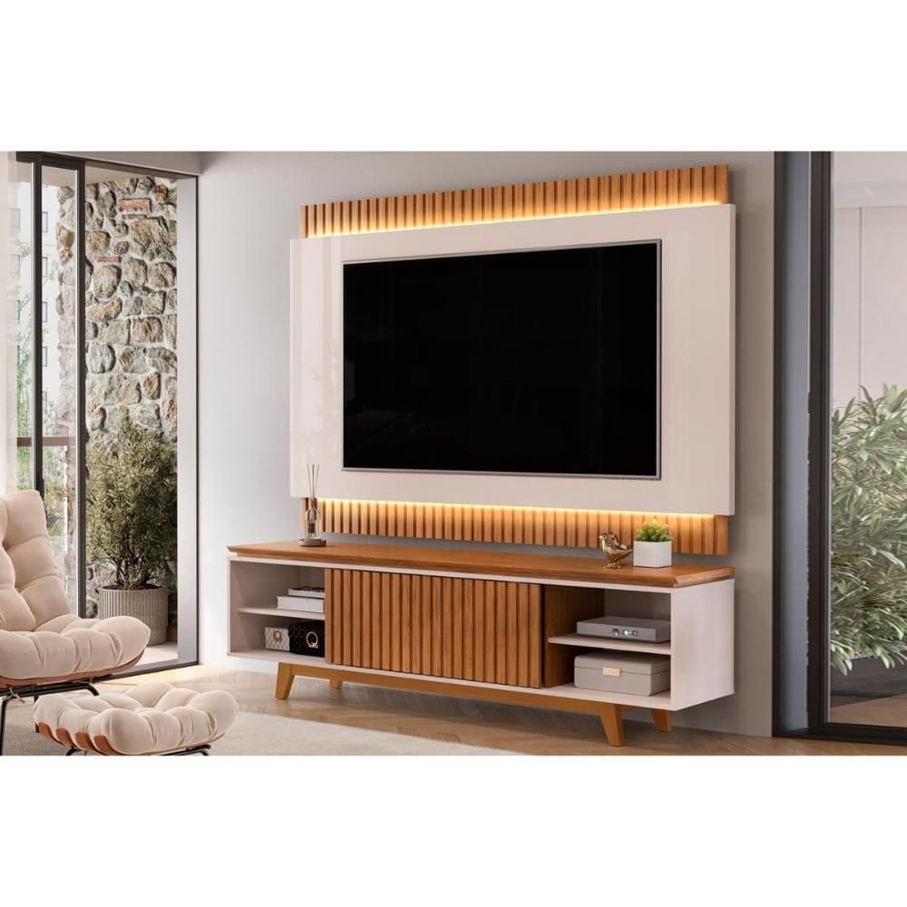 Home p/ TV até 75 Polegadas Loren Ripada c/ Nichos 200x194cm Freijó/Off White - DJ Móveis