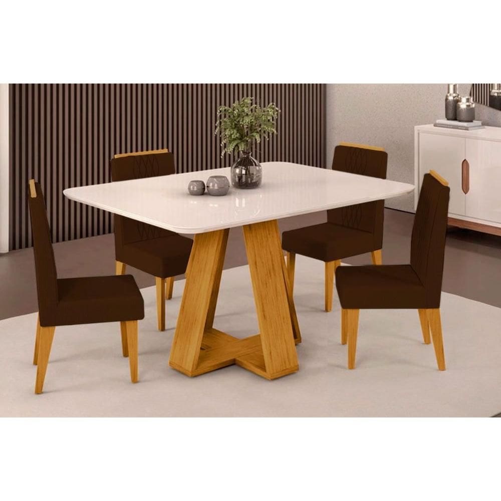 Cozinha Completa Celeste Tampo Madeirado c/ Vidro Curvo 120x90cm e 4 Cadeiras Lia Cedro/Off White - Suede Moca - DJ Móveis