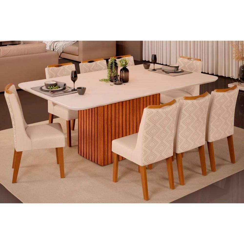 Cozinha Completa Canes Tampo Madeirado c/ Vidro Curvo 200x100cm e 8 Cadeiras Stela Freijo/Off White - Ipe/Linho Neve - DJ Móveis