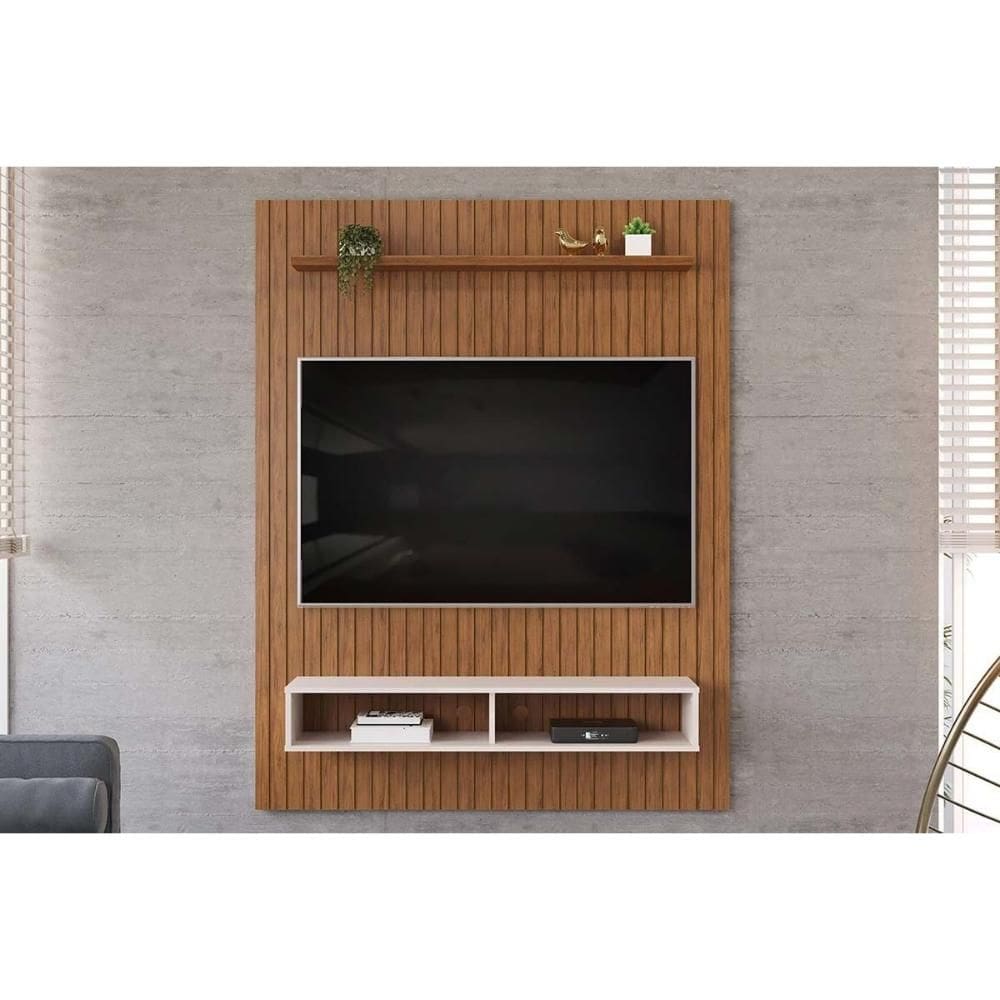 Rack Bancada c/ Painel p/ TV até 55 Pol Aston Ripado 1 Prateleira e 2 Nichos 134x168cm Freijó/Off White - DJ Móveis