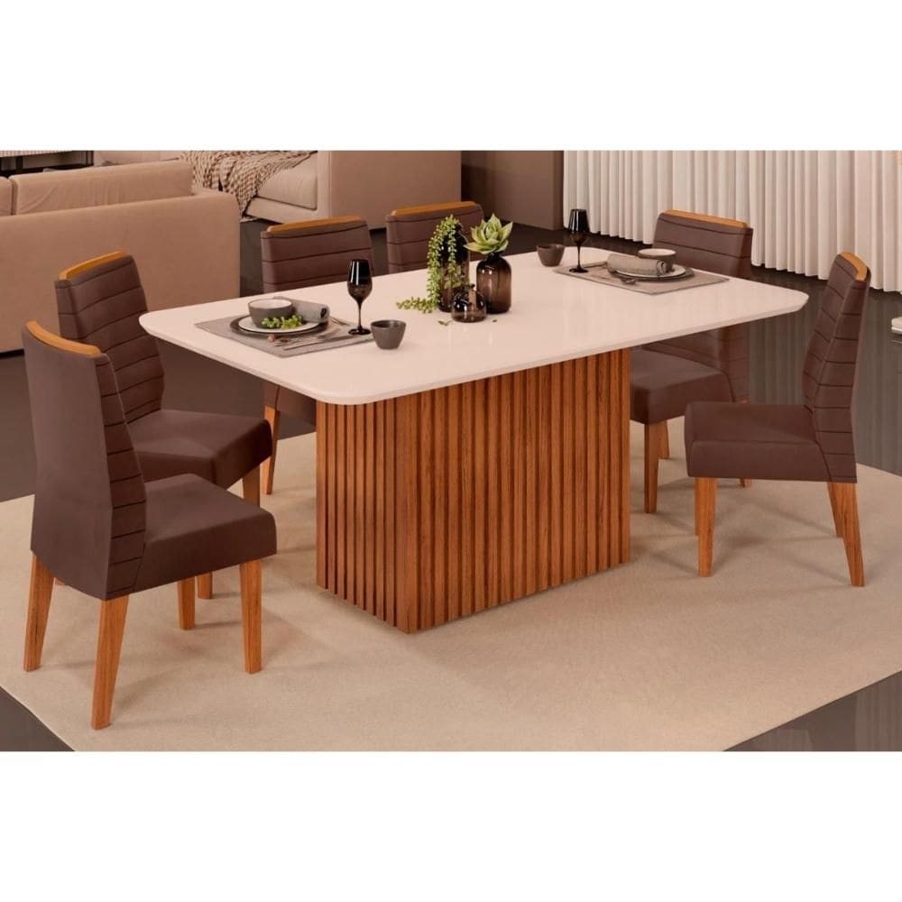 Conjunto: Mesa Sala Jantar Canes Tampo Madeirado c/ Vidro Curvo 170x90cm e 6 Cadeiras Ondina Freijo/Off White - Suede Moca - DJ Móveis