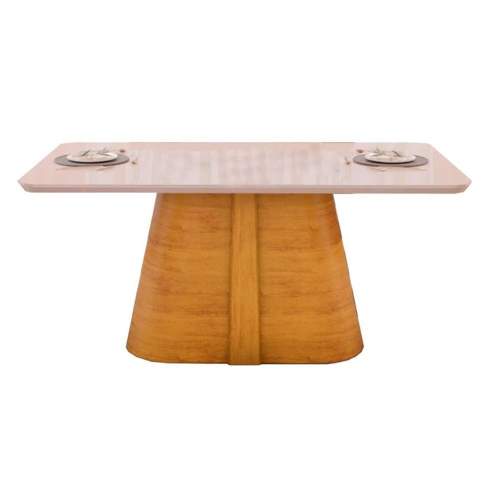 Mesa p/ Cozinha Ryze c/ Tampo Madeirado Vidro Curvo 180x100cm Cedro/Off White - DJ Móveis