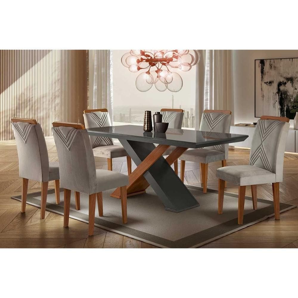 Conjunto: Mesa Sala Jantar Imperatriz Tampo Madeirado c/ Vidro Reto 180x90 e 6 Cadeiras Amsterdã Imbuia/Grafite - Suede Creme - Rufato