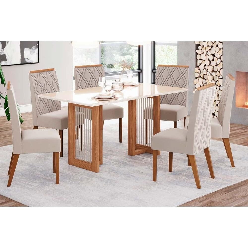 Conjunto: Mesa Sala Jantar Yara SC79 Tampo Madeirado c/ Vidro Canto Curvo 160x90cm e 6 Cadeiras Vita Nature/Linho - Henn