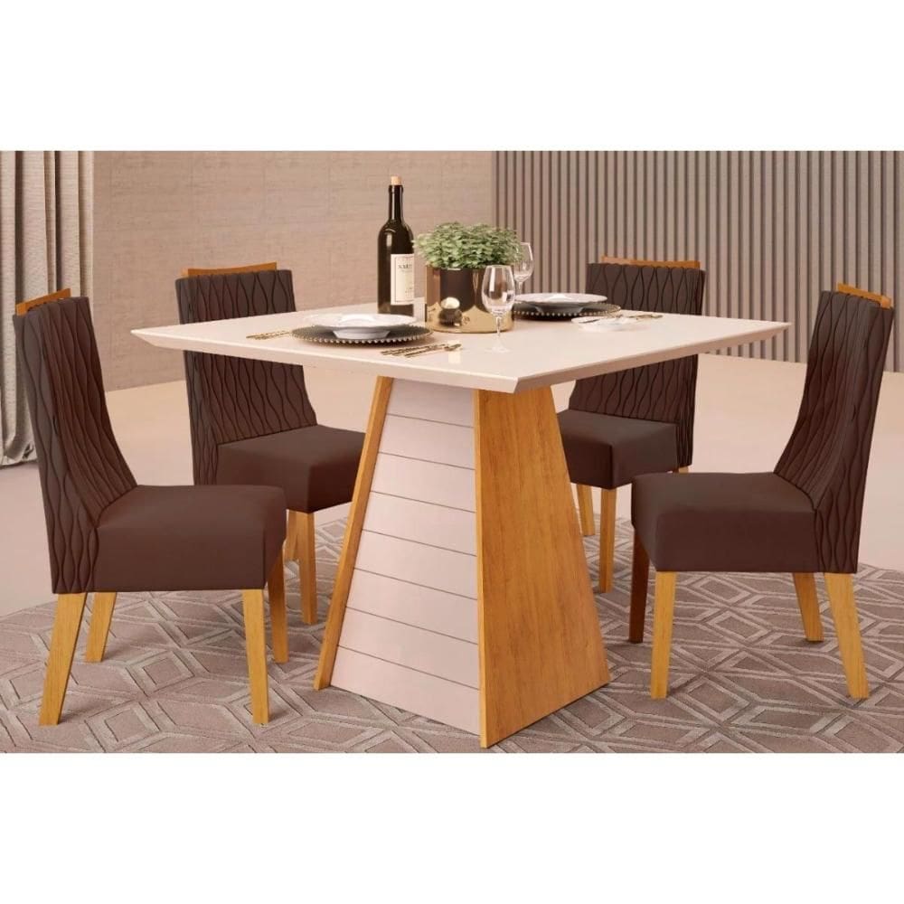 Conjunto: Mesa Sala Jantar Fler Tampo Madeirado c/ Vidro 90x90cm e 4 Cadeiras Jade Cedro/Off White - Suede Moca - DJ Móveis