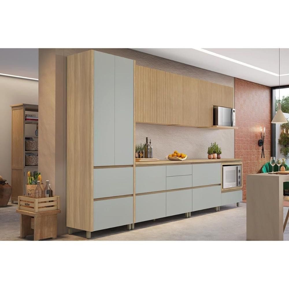 Cozinha Modulada Completa Rainha Gourmet 7 Peças (3Aéreos+3Balcões+1Paneleiro) C6P37 Nature/Verde - Nesher