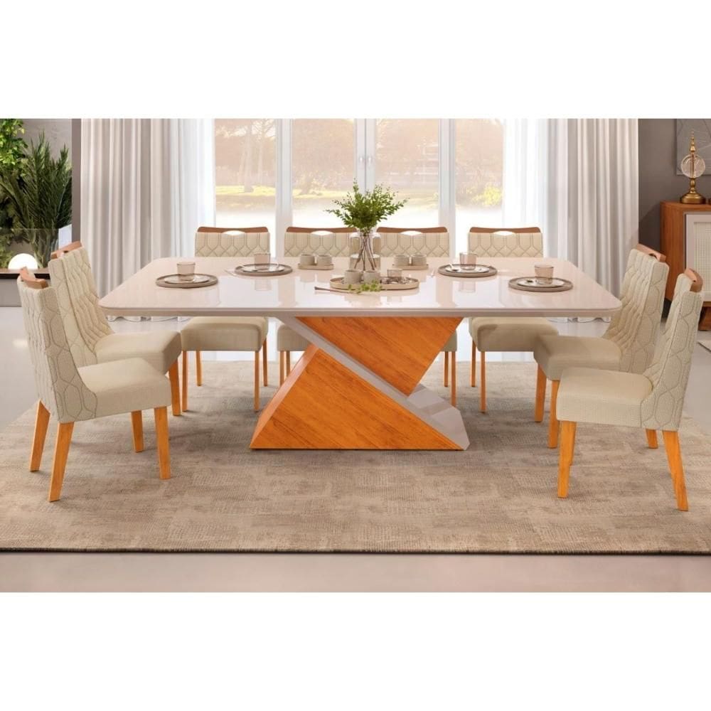 Cozinha Completa Zafira Tampo Madeirado c/ Vidro Curvo 200x100cm e 8 Cadeiras Bia Cedro/Off White - Freijo/Linho Neve - DJ Móveis