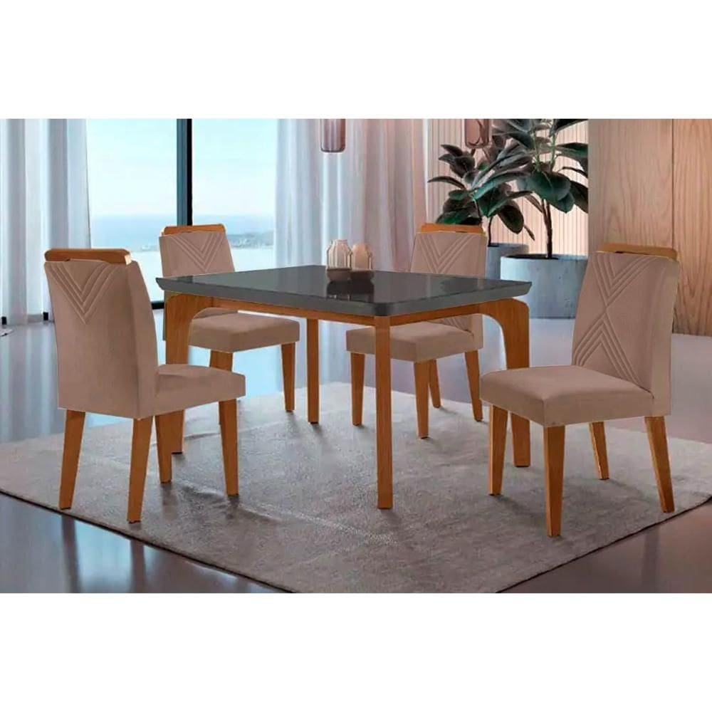 Conjunto: Mesa Sala Jantar Londrina c/ Tampo Madeirado c/ Vidro Canto Curvo 120x80cm e 4 cadeiras Amsterdã Imbuia/Grafite - Suede Capuccino - Rufato
